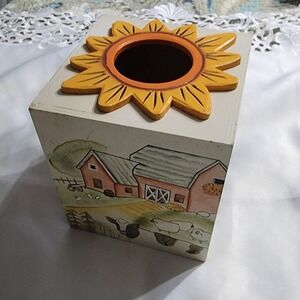 Vintage Hand Painted Wooden Farmhouse Tissue Box Cover Sunflower Barn Scene